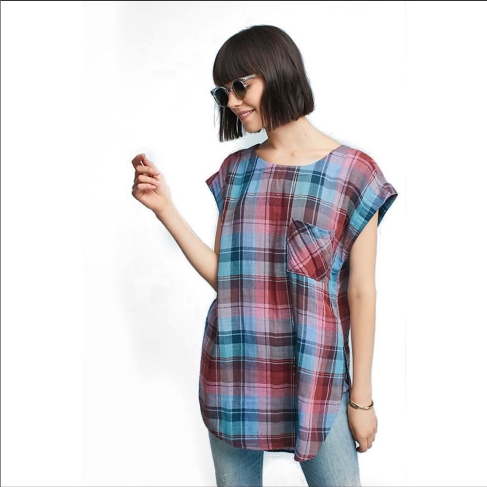 Anthropologie Akemi +Kin Cap-Sleeve Plaid Tunic